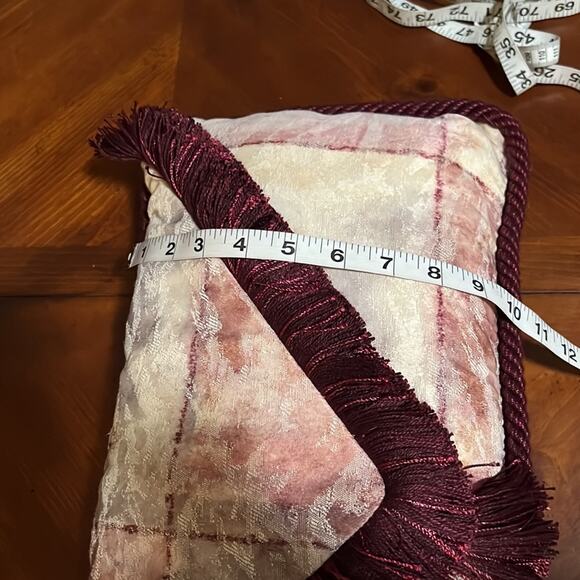 Beige & Burgundy Brocade Envelope Throw Pillow with Fringe Handmade - Picture 6 of 6